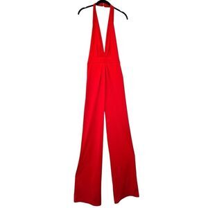 Soho Chic Open Back Deep V-neck Halter One Piece Jumpsuit Red Medium